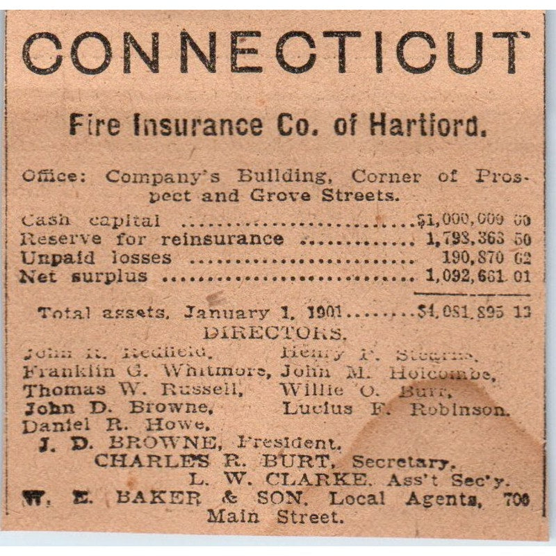 Connecticut Fire Ins Co J.D. Browne Hartford 1901 Newspaper Ad AD8-HS4
