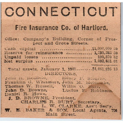Connecticut Fire Ins Co J.D. Browne Hartford 1901 Newspaper Ad AD8-HS4