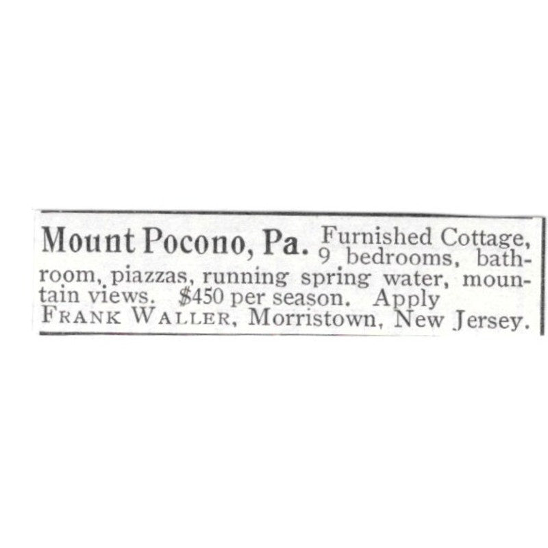 Mount Pocono PA Cottage Frank Waller Morristown NJ 1903 Ad AF8-S44