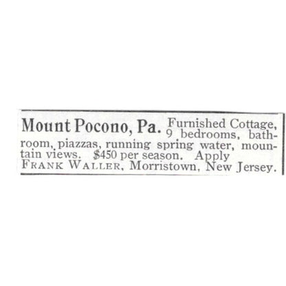 Mount Pocono PA Cottage Frank Waller Morristown NJ 1903 Ad AF8-S44