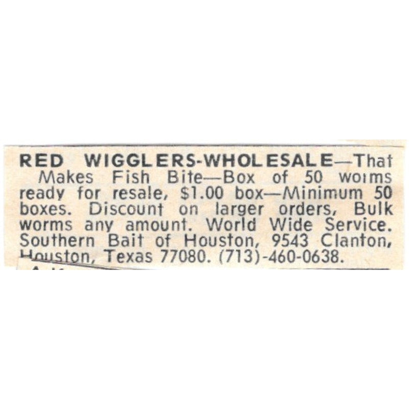 Southern Bait of Houston Red Wigglers Houston TX 1977 Ad AF6-S9
