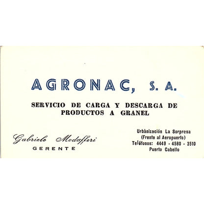 Agronac, S.A. Gabriele Modafferi Puerto Cabello Vintage Business Card SC9-B6
