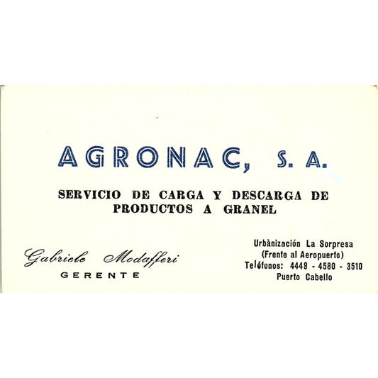 Agronac, S.A. Gabriele Modafferi Puerto Cabello Vintage Business Card SC9-B6