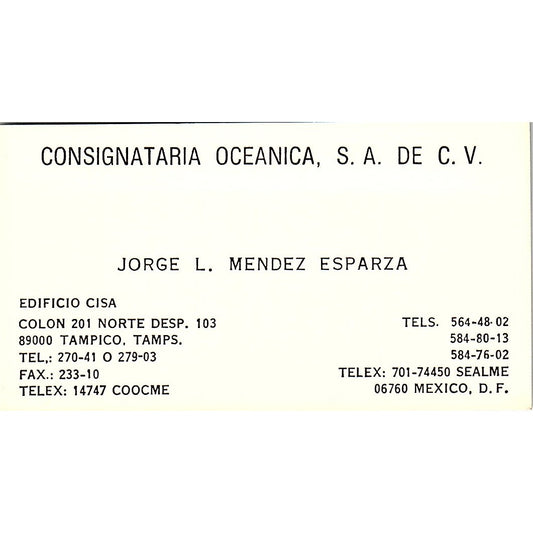 Jorge L Mendez Esparza Consignataria Oceanica Tampico Tam Business Card SC9-B6