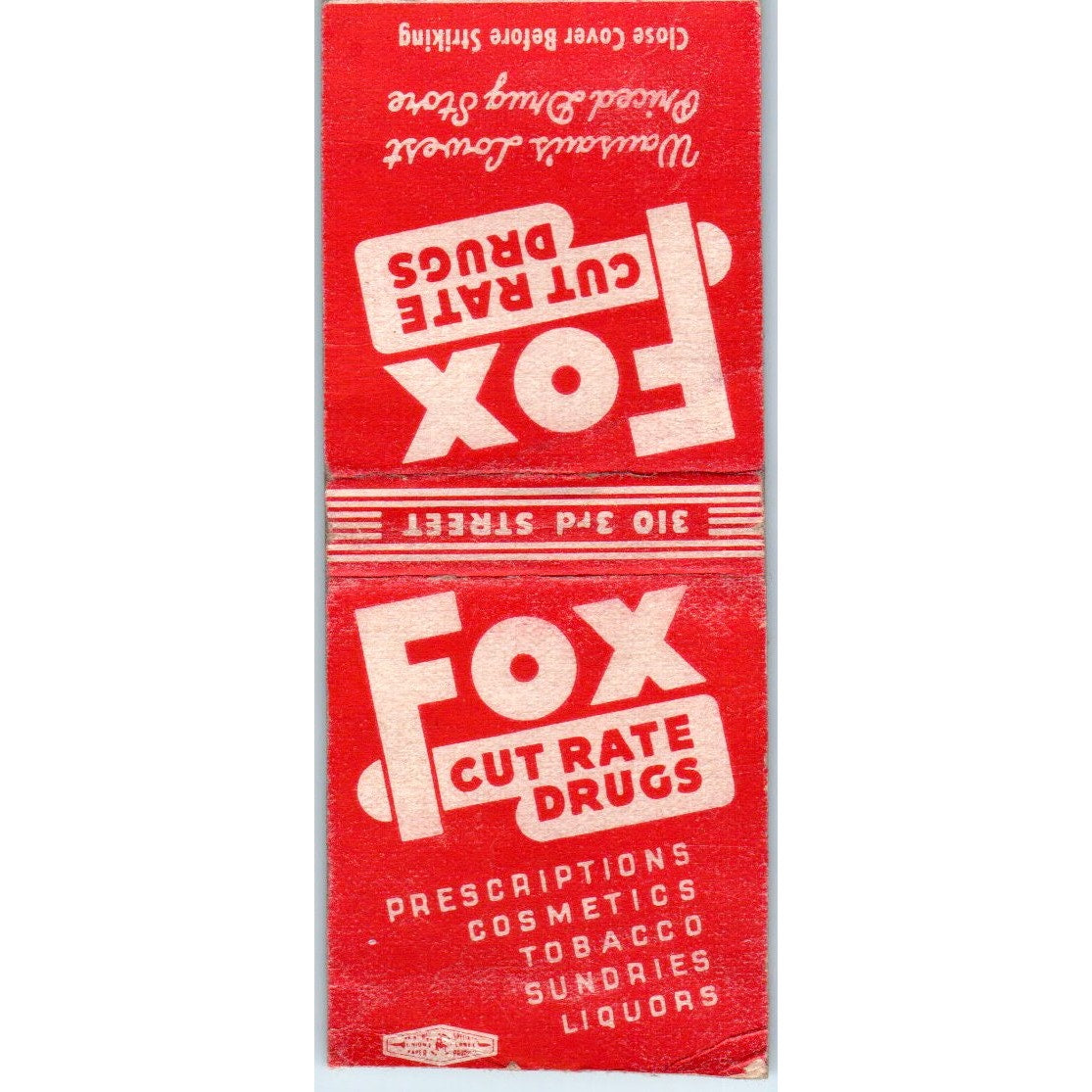 Fox Drug Store 310 3rd St Wausau Vintage Matchbook Cover SD2-Y3