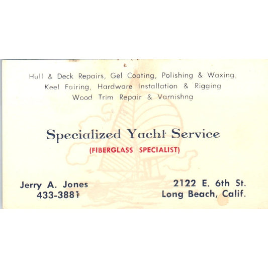 Specialized Yacht Service Jerry A. Jones Long Beach Vintage Business Card SD8-B8