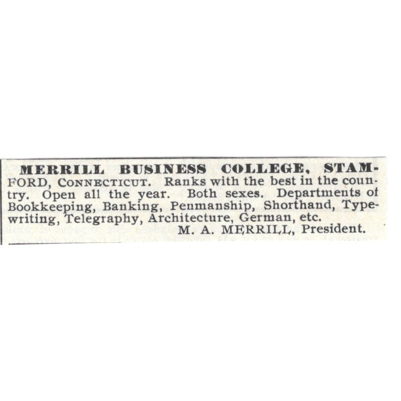 Merrill Business College Stamford CT M.A. Merrill 1892 Ad AG2-S24