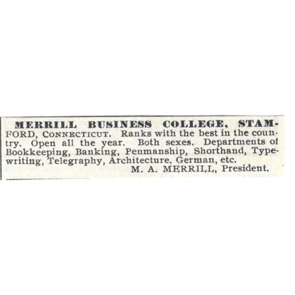 Merrill Business College Stamford CT M.A. Merrill 1892 Ad AG2-S24