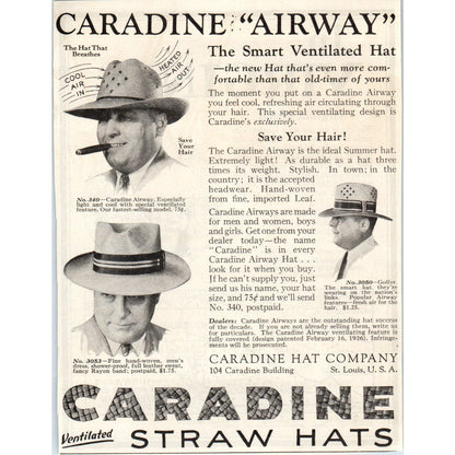 Caradine Ventilated Straw Hats St. Louis 1928 Original Magazine Advertisement AE5-SSE