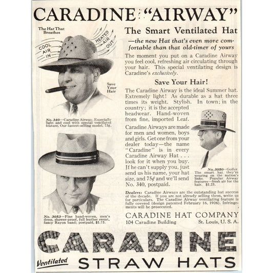 Caradine Ventilated Straw Hats St. Louis 1928 Original Magazine Advertisement AE5-SSE