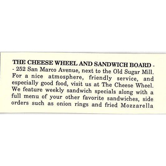 The Cheese Wheel and Sandwich Board St. Augustine FL 1989 Ad AF9-M1