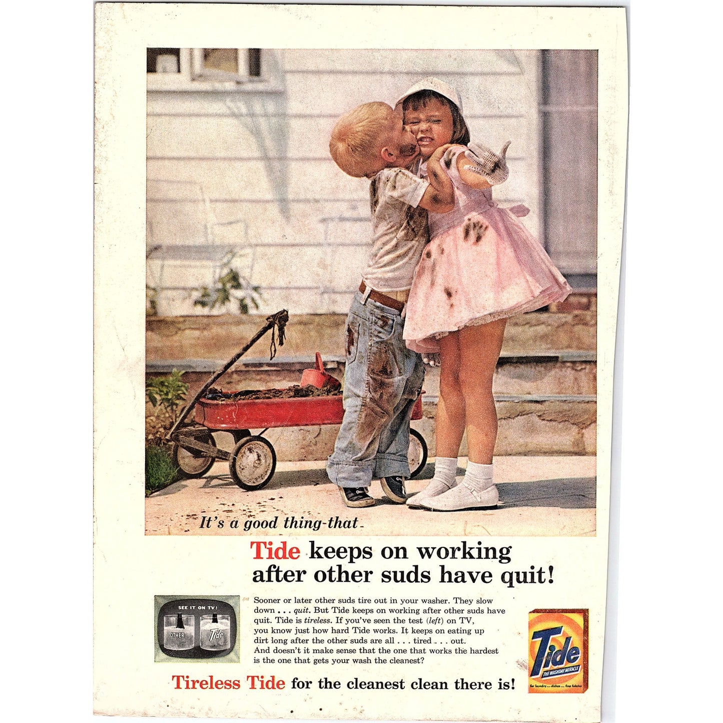 Vtg Tide Detergent Boy Kissing Girl Red Wagon Original Magazine Ad Ad 8x10 V4