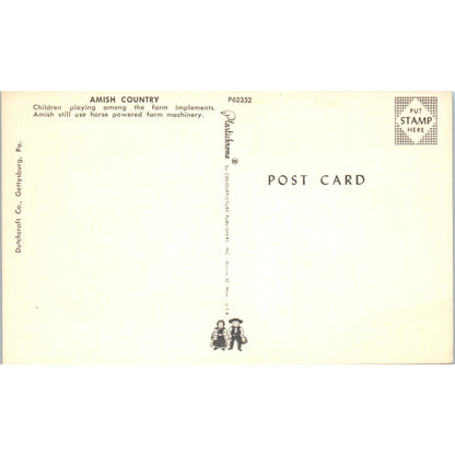 Amish Children Playing Among Farm Equipment PA Dutch Country Postcard PD8