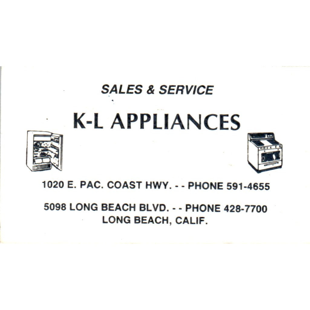 K-L Appliances Long Beach CA Vintage Business Card SD8-B13