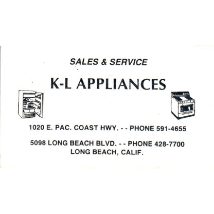 K-L Appliances Long Beach CA Vintage Business Card SD8-B13