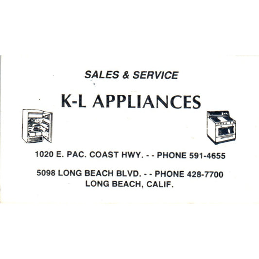 K-L Appliances Long Beach CA Vintage Business Card SD8-B13