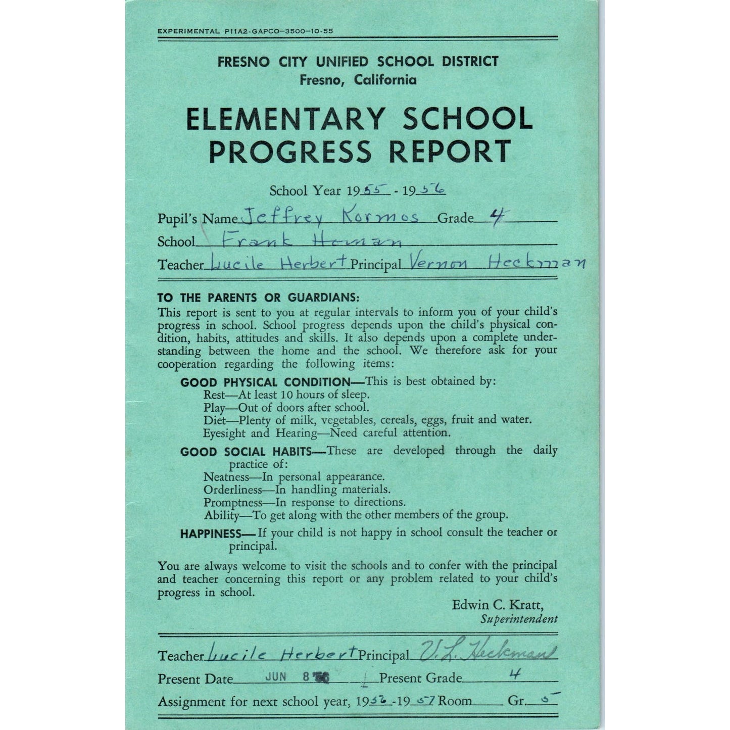 1955-56 Fresno City Schools Fresno CA Report Card Jeffrey Kormos Grade 4 AB9