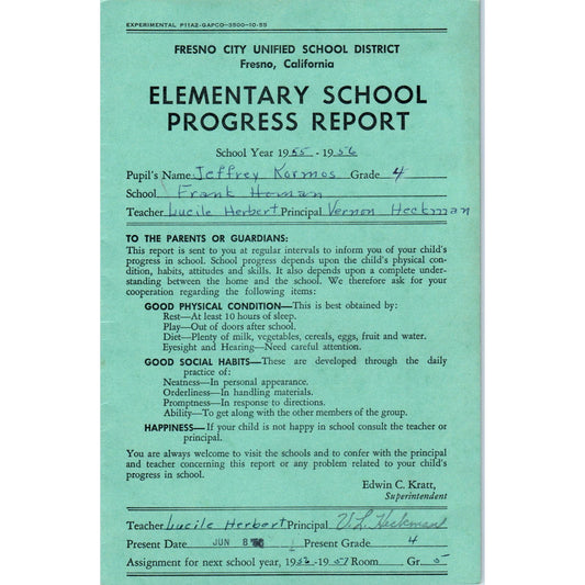 1955-56 Fresno City Schools Fresno CA Report Card Jeffrey Kormos Grade 4 AB9