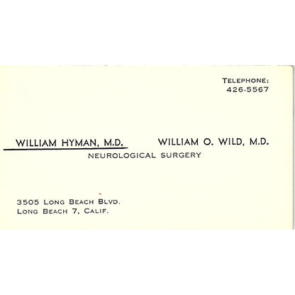 Neurological Surgery, William Hyman M.d. Long Beach CA, Business Card SF3-B8
