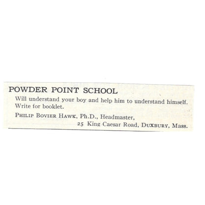 Powder Point School for Boys Philip Bovier Hawk Duxbury 1924 Magazine Ad AD8-O7
