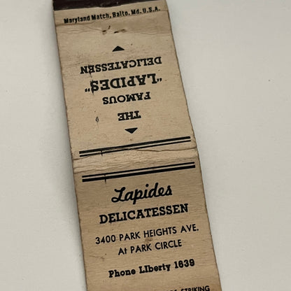 Lapides Delicatessen 3400 Park Heights Baltimore Vintage Matchbook TB6-MB2-14