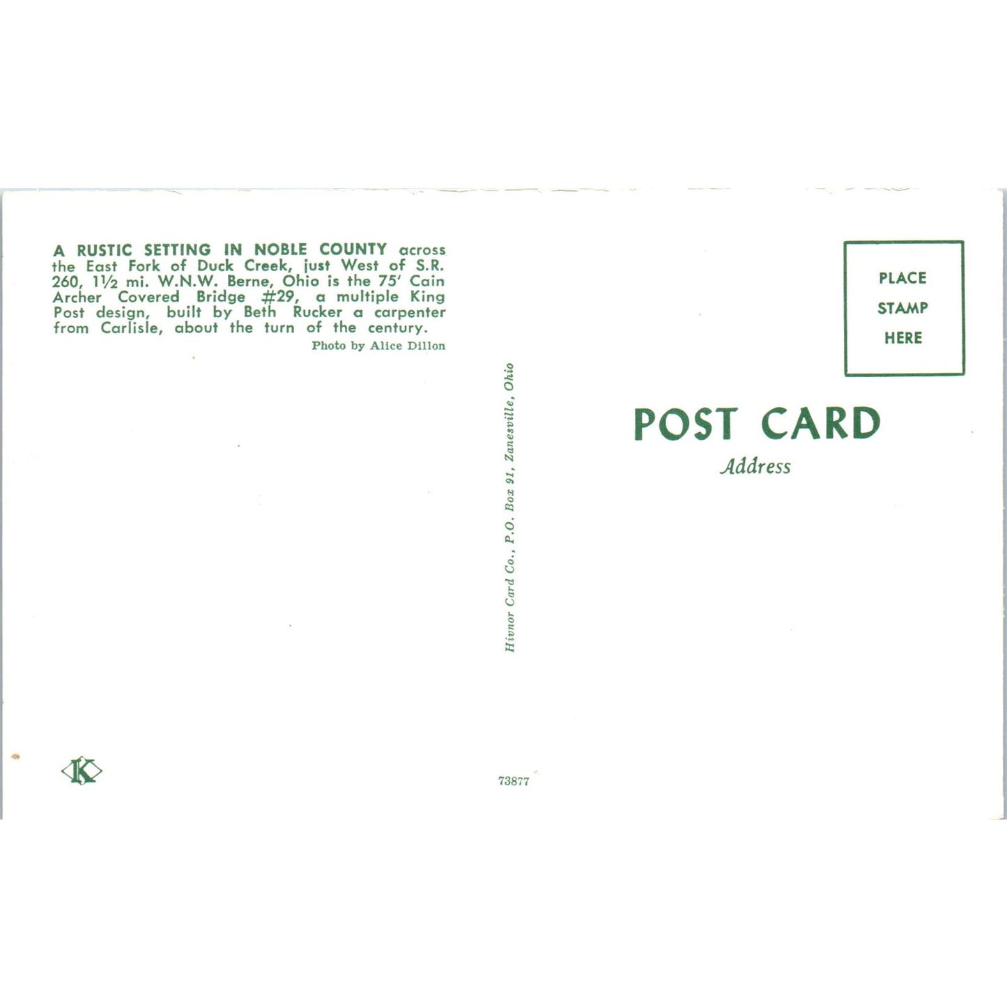 Noble County Duck Creek Berne OH #29 Covered Bridge Postcard PB11