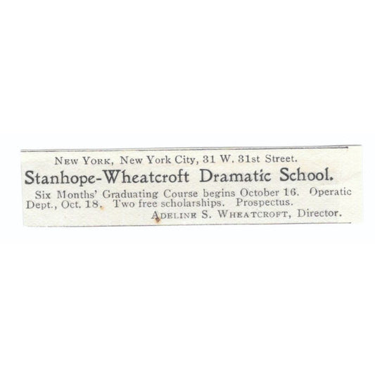 Stanhope-Wheatcroft Dramatic School NY Adeline S. Wheatcroft c1905 Ad AE7-SA1