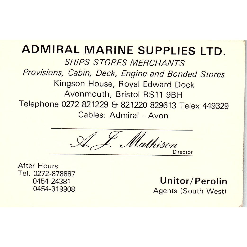 A.F. Mathison Admiral Marine Supplies Avonmouth Bristol Vtg Business Card TH2-B1