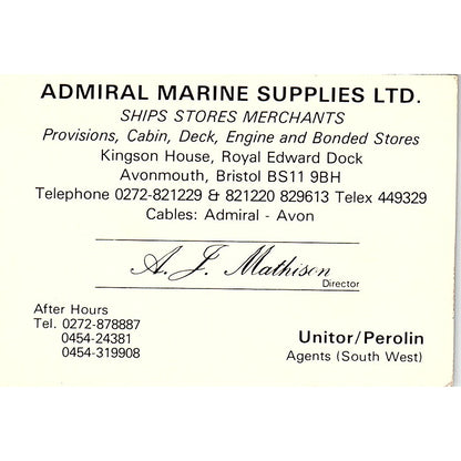 A.F. Mathison Admiral Marine Supplies Avonmouth Bristol Vtg Business Card TH2-B1