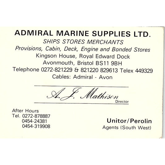 A.F. Mathison Admiral Marine Supplies Avonmouth Bristol Vtg Business Card TH2-B1