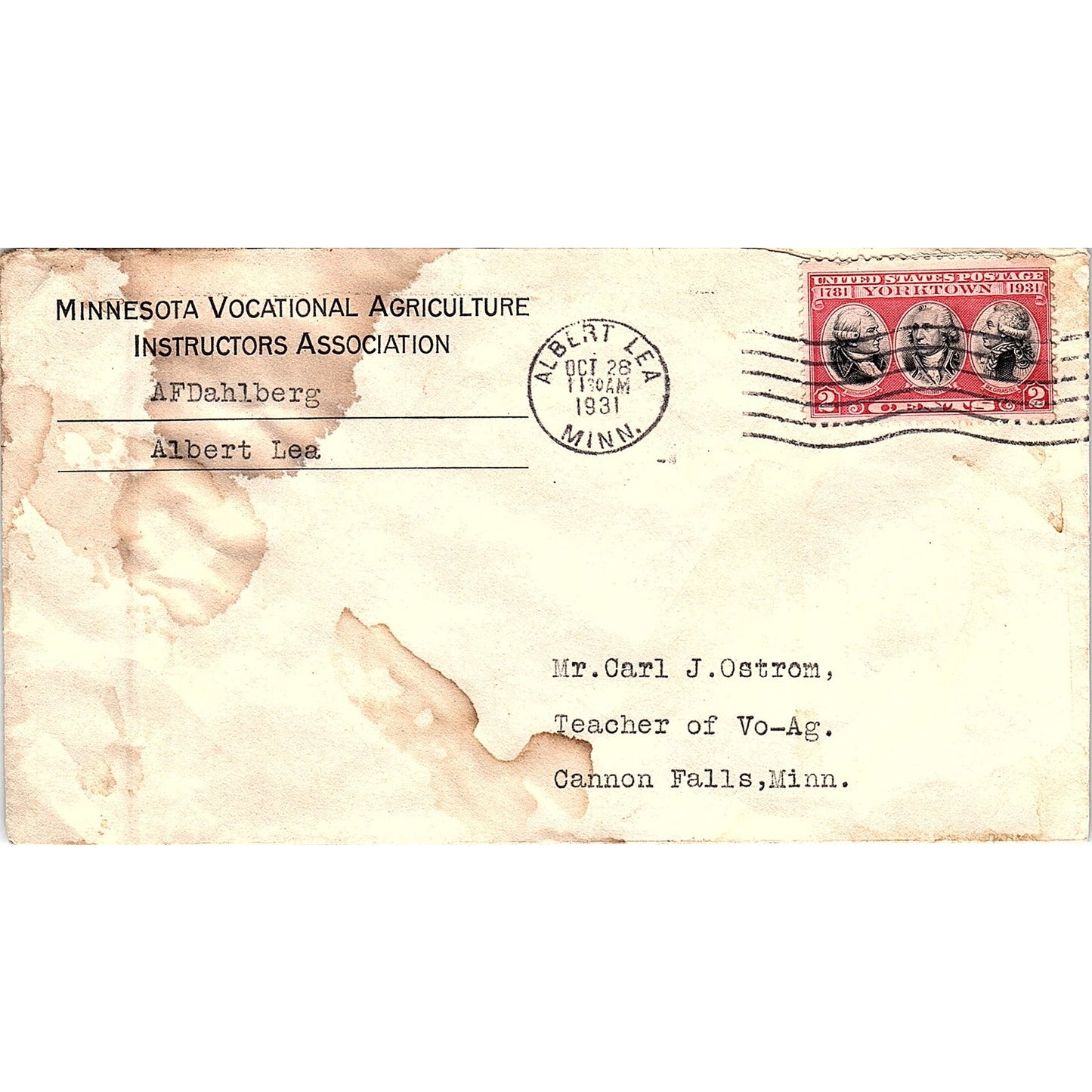1931 MN Vocational Agriculture Instructor Envelope AF Dahlberg Albert Lea AF9-H2