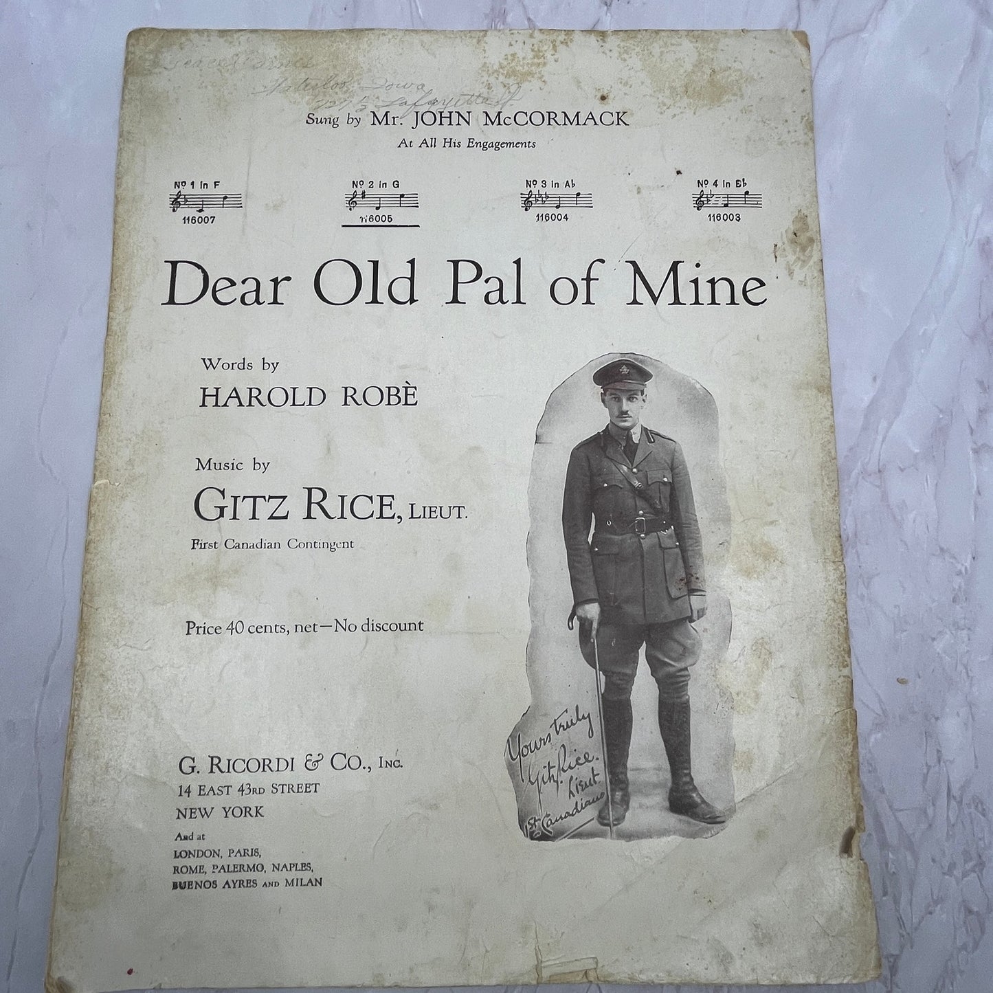 Dear Old Pal of Mine Harold Robè Gitz Rice WWI 1918 Sheet Music V15