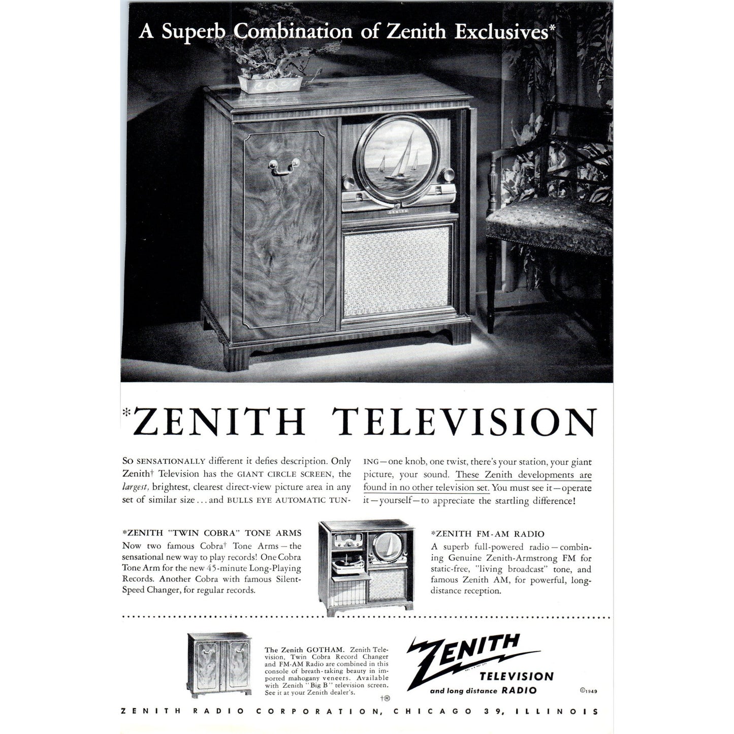 Zenith Twin Cobra Tone Arm Cabinet Television TV Teleset Vintage Magazine Ad D20