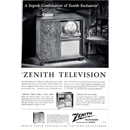 Zenith Twin Cobra Tone Arm Cabinet Television TV Teleset Vintage Magazine Ad D20