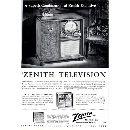 Zenith Twin Cobra Tone Arm Cabinet Television TV Teleset Vintage Magazine Ad D20