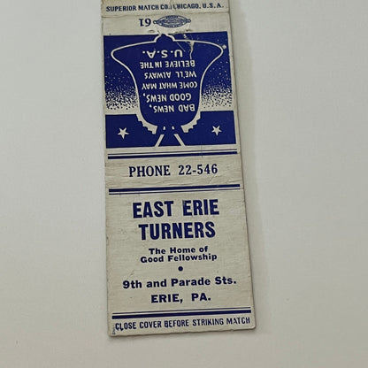East Erie Turners 9th & Parade Sts. Erie PA Matchbook Cover TB6-MB2-4
