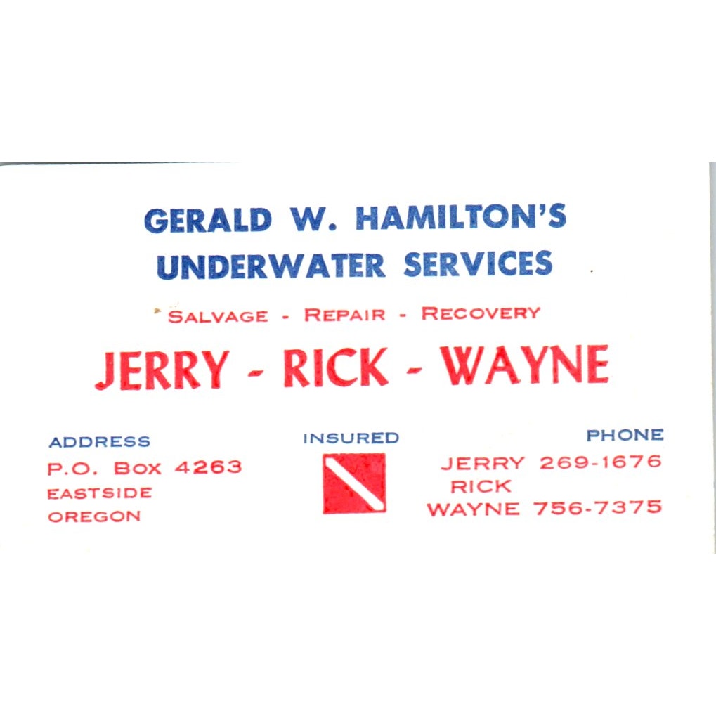 Gerald W Hamilton's Underwater Services Eastside OR Vintage Business Card SD8-B8