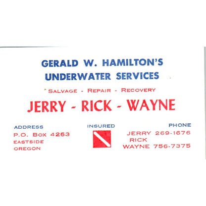 Gerald W Hamilton's Underwater Services Eastside OR Vintage Business Card SD8-B8