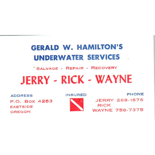 Gerald W Hamilton's Underwater Services Eastside OR Vintage Business Card SD8-B8