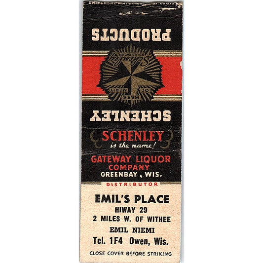 Emil's Place Hwy 29 Emil Niemi Owen WI Vintage Matchbook Cover SF3-Y7