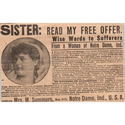 Female Troubles Cure Mrs. M. Summers Notre Dame IN 1910 Magazine Ad AF1-CM5