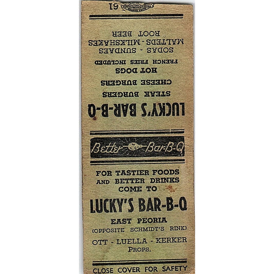 Lucky's BBQ East Peoria IL Vintage Matchbook Cover SC7-Y11