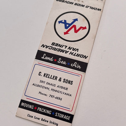 C. Keller & Sons North American Van Lines Allentown PA Matchbook Cover TB6-MB2-3