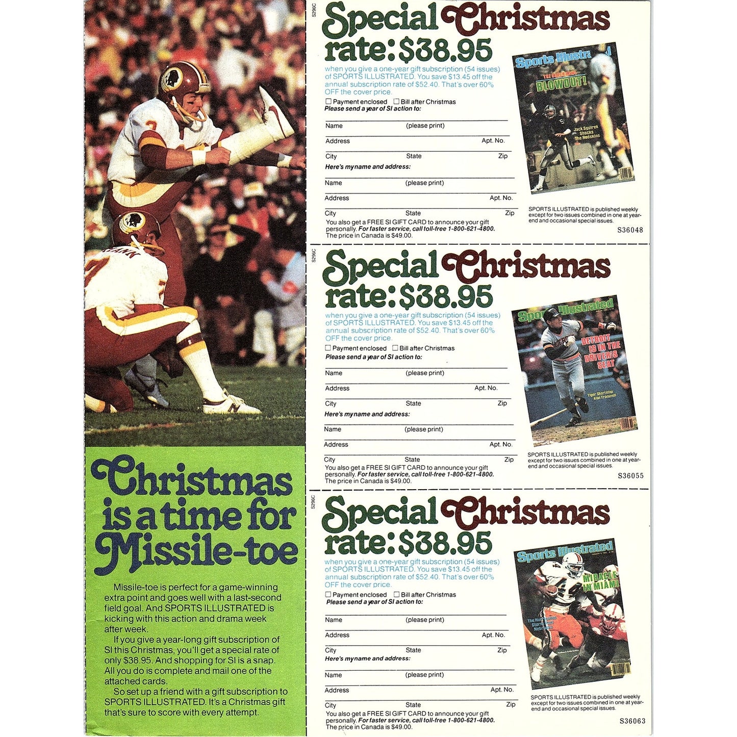 Mark Mosley Redskins Sports Illustrated Postal Mailing Cards 1984 Ad AF8-5