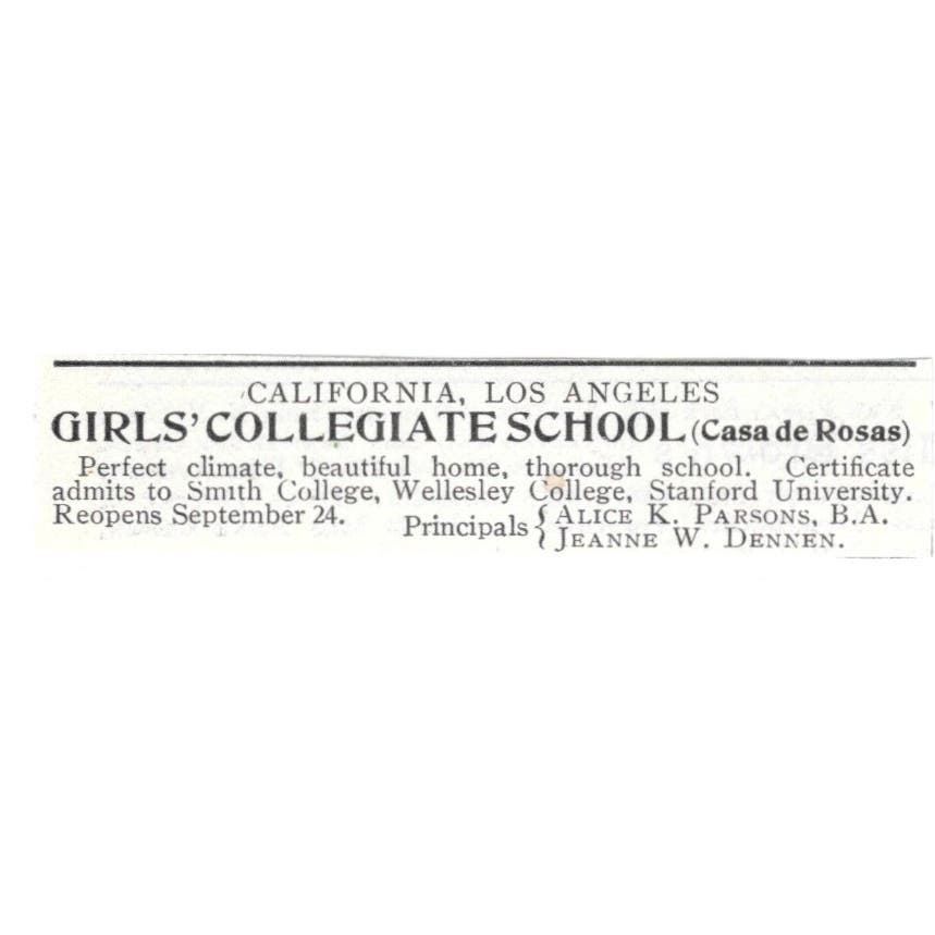 Los Angeles CA Girls School Alice K. Parsons Jeanne W. Dennen c1918 Ad AE5-SV1