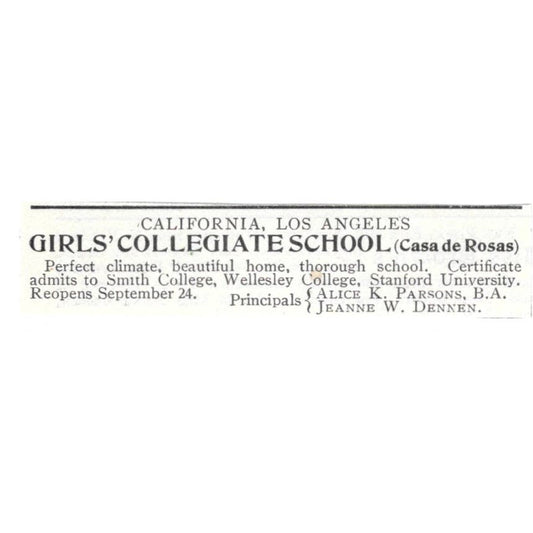 Los Angeles CA Girls School Alice K. Parsons Jeanne W. Dennen c1918 Ad AE5-SV1