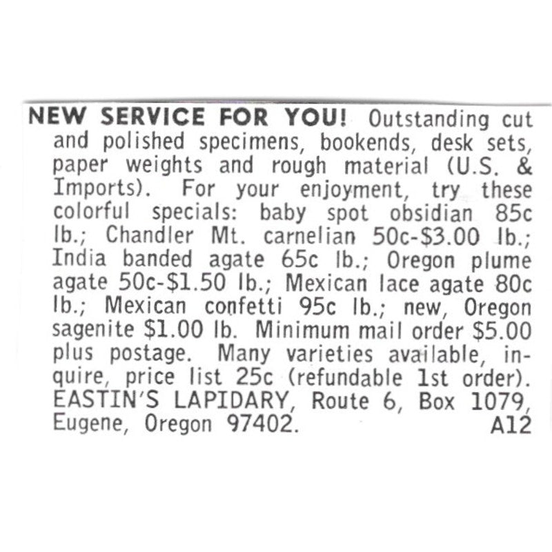 Eastin's Lapidary Eugene Oregon 1972 Ad AF8-S12