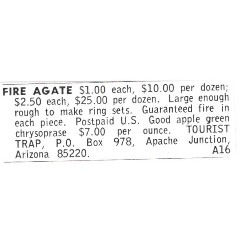 Tourist Trap Rock Shop Fire Agate Apache Junction AZ 1972 Ad AF8-S15