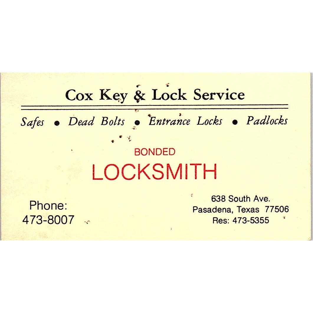 Cox Key & Lock Service Locksmith Pasadena TX Vintage Business Card SC9-B5