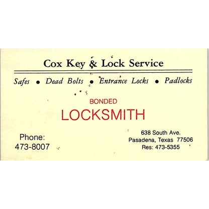 Cox Key & Lock Service Locksmith Pasadena TX Vintage Business Card SC9-B5